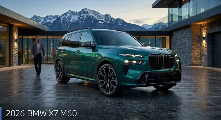 Sea green 2026 BMW X7 M60i luxury SUV parked outside a modern architectural home with illuminated kidney grille and split LED headlights.
