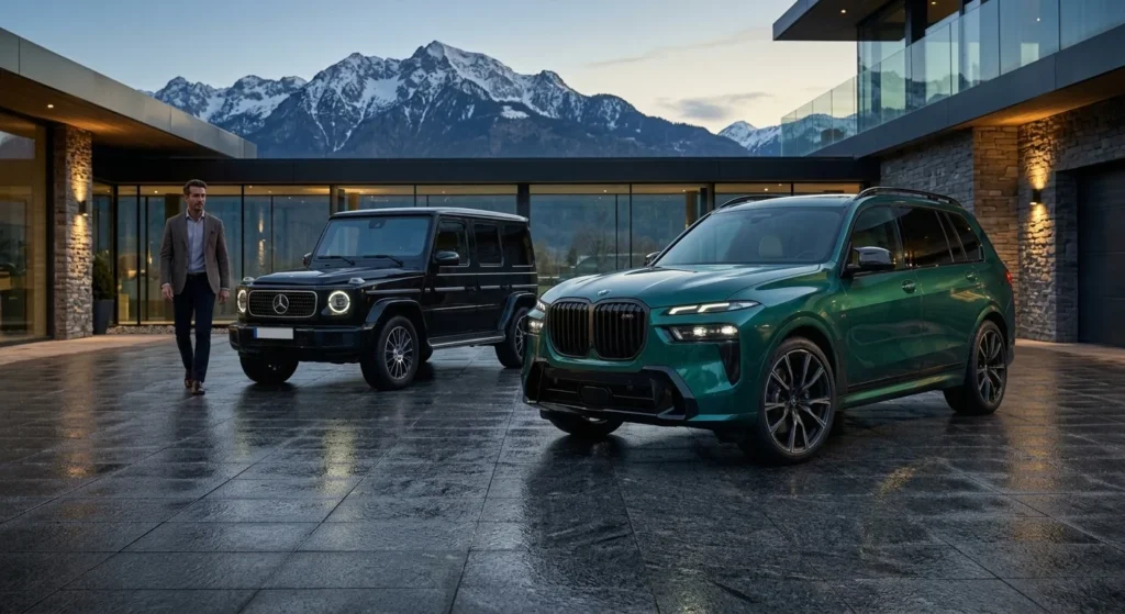 Deep sea green 2026 BMW X7 M60i parked alongside a black Mercedes-Benz G-Class in front of a modern luxury estate.