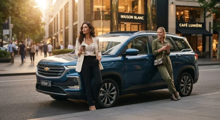 A modern blue 2026 Chevrolet Captiva SUV parked on a metropolitan street during golden hour, with two stylish women leaning against it showcasing contemporary fashion and elegance.