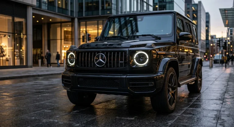 Black 2025 Mercedes-Benz G-Wagon parked on a wet city street at dusk featuring illuminated circular DRL lights and AMG grille.