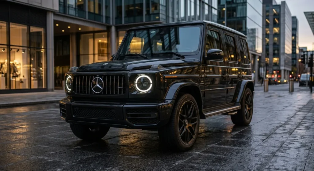 Close-up front perspective of a black 2025 Mercedes G-Wagon showing prominent AMG radiator grille and round LED headlights.