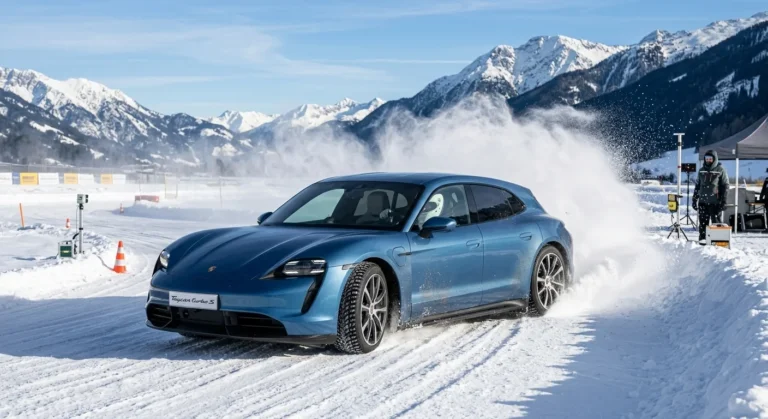 Frozen Blue 2026 Porsche Taycan Turbo S Sport Turismo drifting on a snowy mountain test track, kicking up a large spray of snow and conceptually illustrating its electric sound waves.