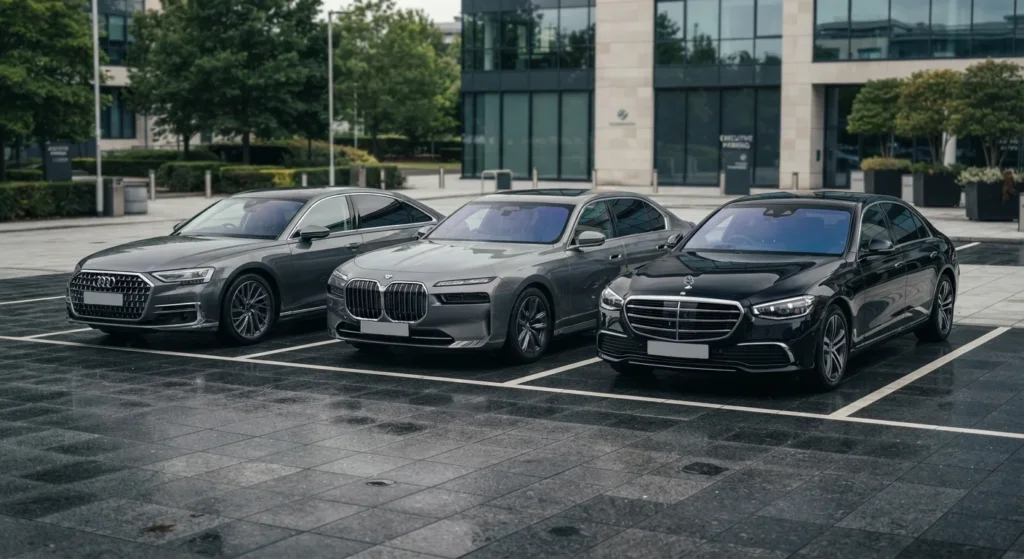 An Audi A8 parked alongside its main German luxury competitors in an executive car park.