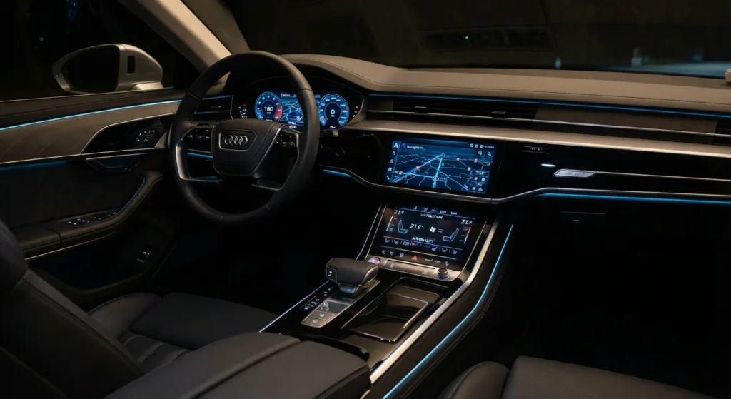 Interior view of the Audi A8 cabin showing the digital instrument cluster and dual MMI touchscreens illuminated at night.