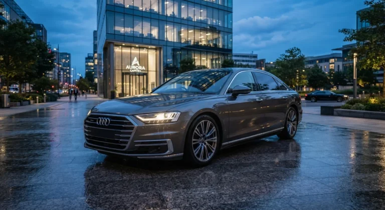 Front three-quarter view of a modern Audi A8 luxury saloon parked outside a high-end building at twilight.