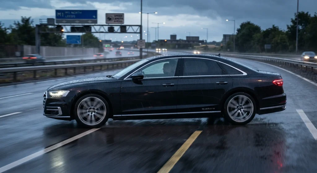Side-profile action shot of an Audi A8 driving on a wet UK motorway showcasing its sleek long-wheelbase stance.