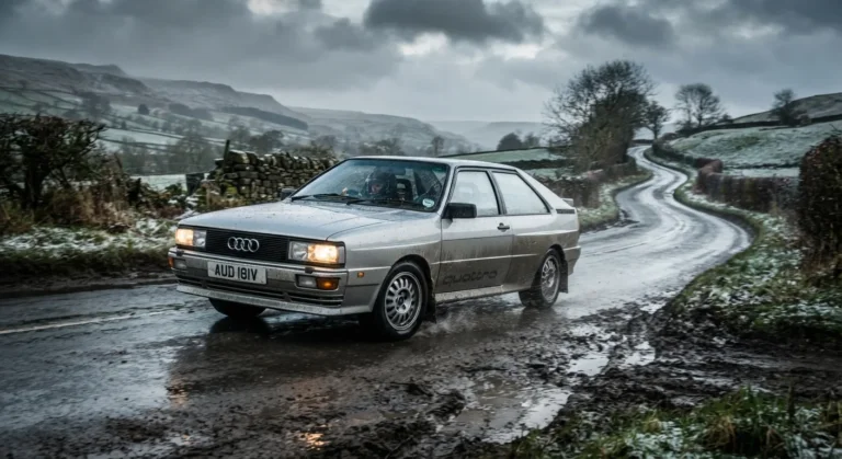 Audi Quattro all-wheel-drive car driving on wet UK road