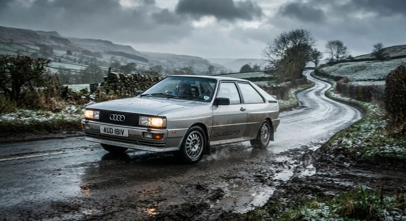 Audi Quattro all-wheel-drive car driving on wet UK road