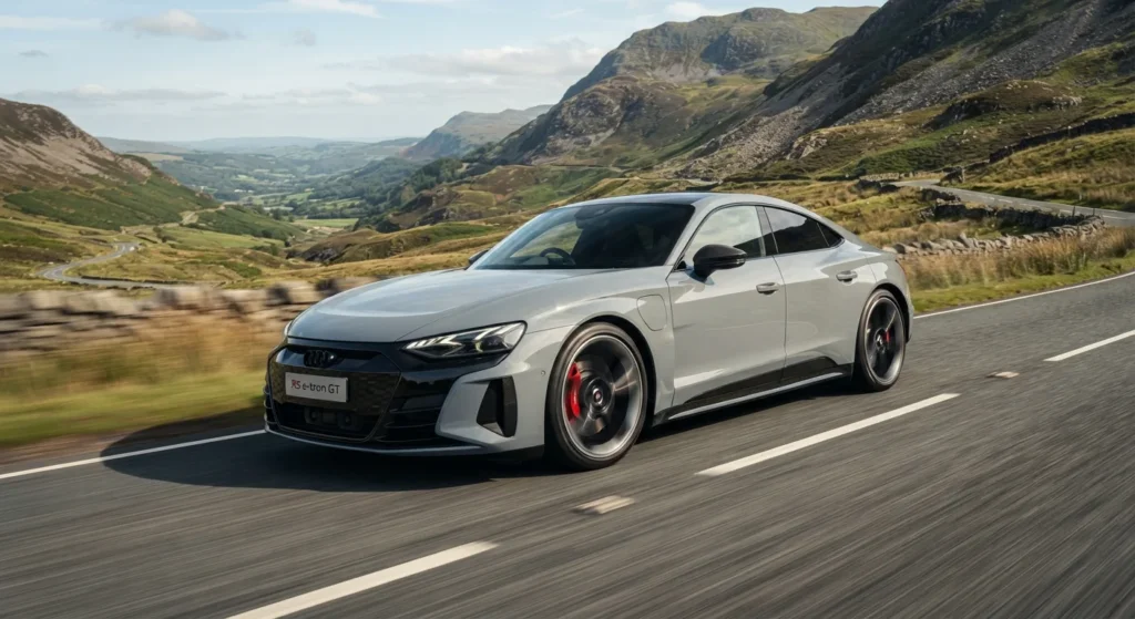 Rolling action shot of an Audi RS e-tron GT driving dynamically on a winding mountain road.