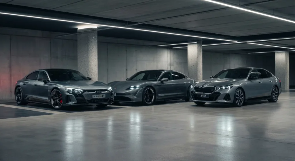 An Audi e-tron GT parked next to its primary luxury electric rivals in a modern car park.