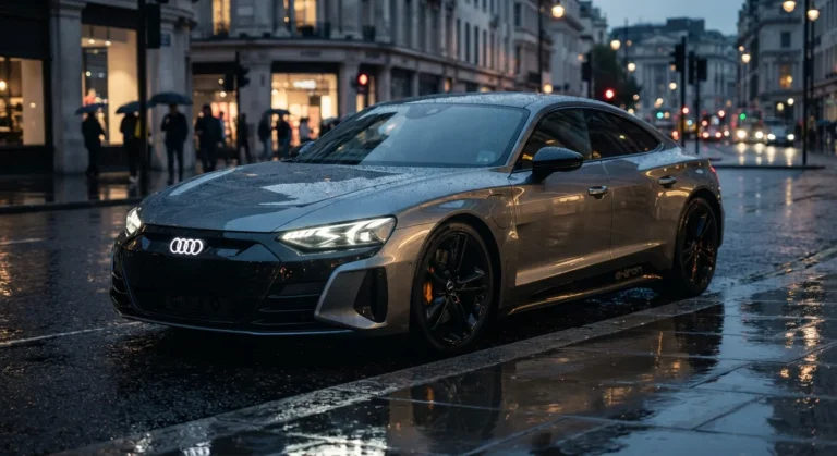 Front three-quarter view of a modern Audi e-tron GT electric coupé parked on a wet urban street at dusk.