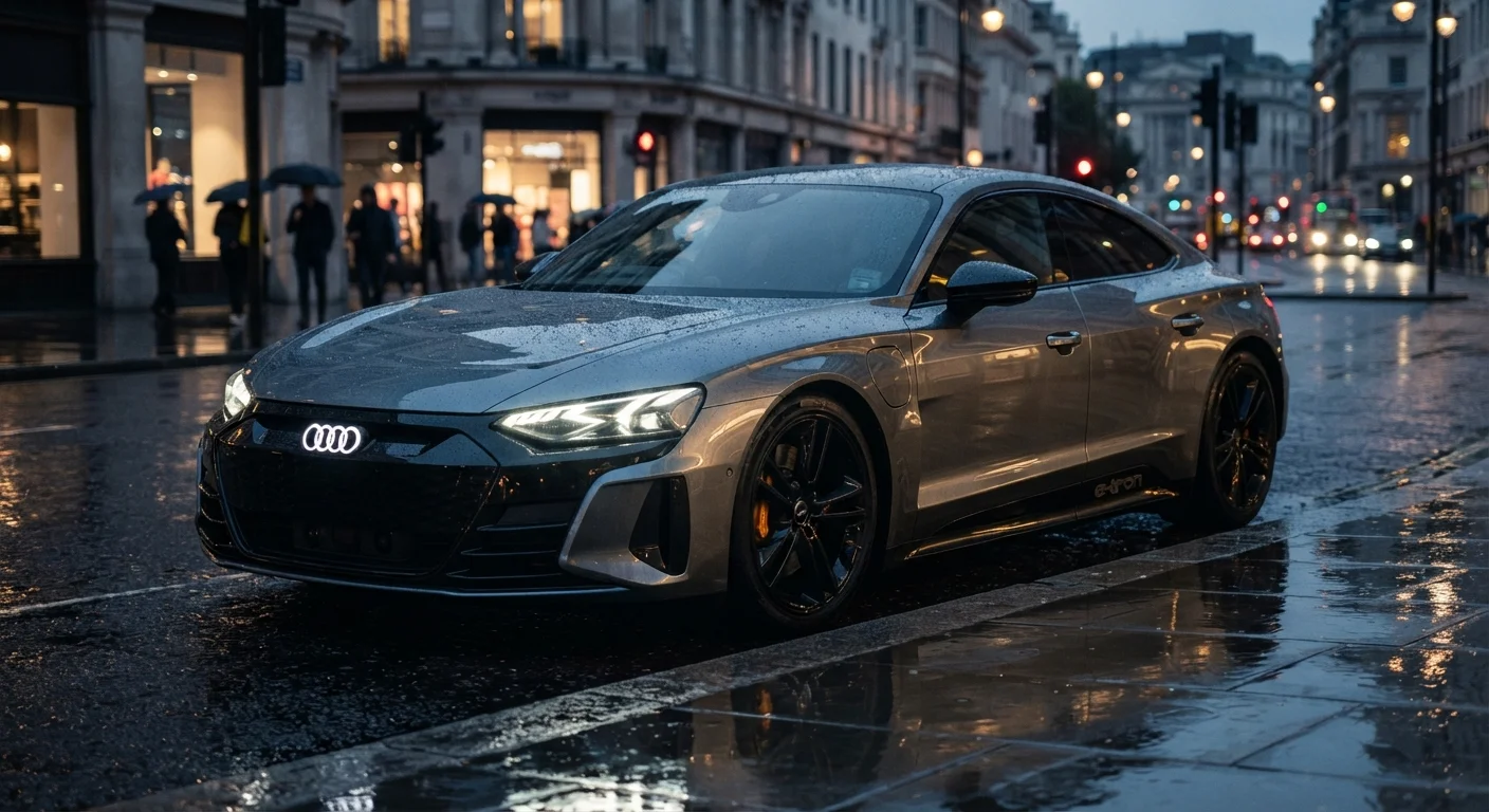 Front three-quarter view of a modern Audi e-tron GT electric coupé parked on a wet urban street at dusk.
