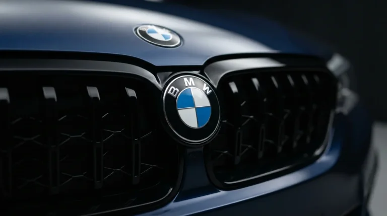 BMW roundel badge on a modern BMW car grille, representing BMW's history and engineering heritage