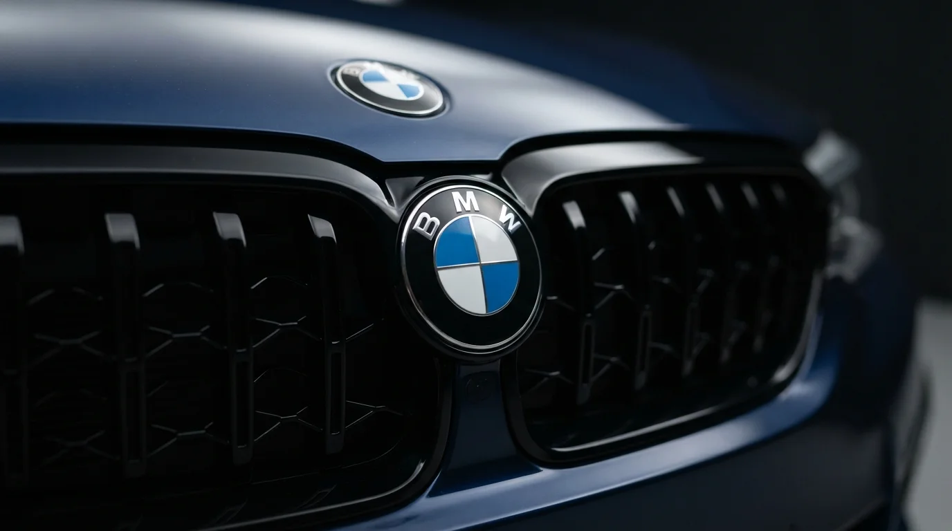 BMW roundel badge on a modern BMW car grille, representing BMW's history and engineering heritage