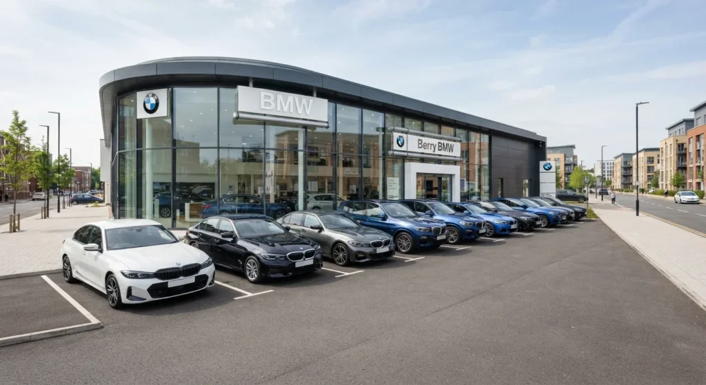 Row of modern BMW cars outside a UK dealership showroom, illustrating BMW ownership and buying options in the UK