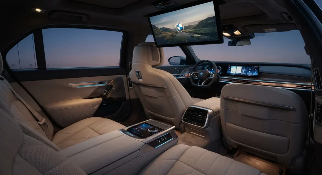 Luxurious rear passenger cabin of a BMW i7 showing executive seats and large entertainment screen.