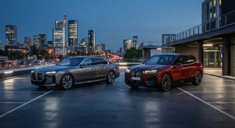 A luxury BMW i7 executive saloon and a BMW iX electric SUV parked side-by-side on a modern rooftop at twilight.