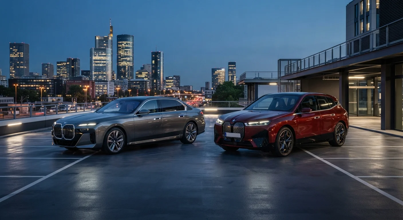 A luxury BMW i7 executive saloon and a BMW iX electric SUV parked side-by-side on a modern rooftop at twilight.