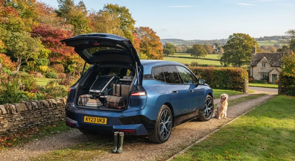 A BMW iX electric SUV parked on a driveway with its boot open to showcase family practicality.