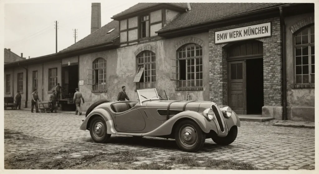 Vintage BMW car from the 1930s outside a historic Bavarian factory, showing BMW's early automotive history