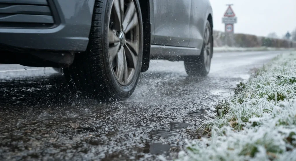 Close-up of a car tyre driving on a wet, cold UK road during winter, highlighting tread performance.