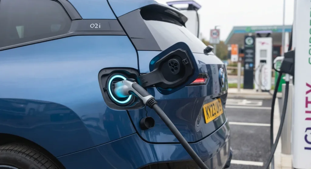 A BMW electric vehicle plugged into a DC rapid charging station at a UK charging hub.