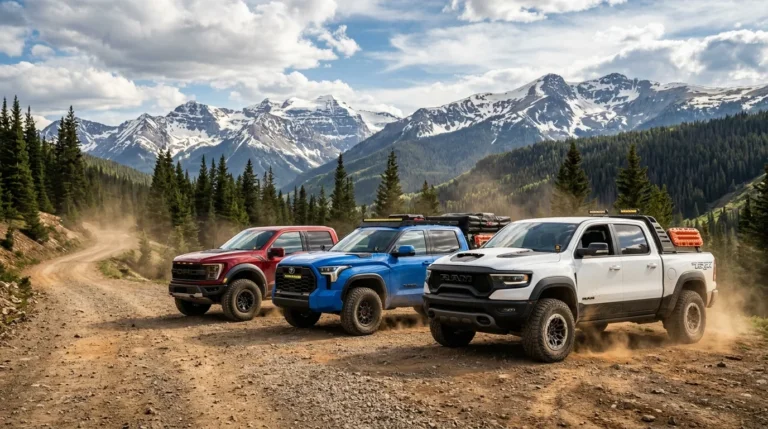 2026 Chevrolet Silverado Three Chevrolet Silverado ZR2 pickup trucks in red, blue, and white parked on a dusty off-road trail with snowy mountains in the background.