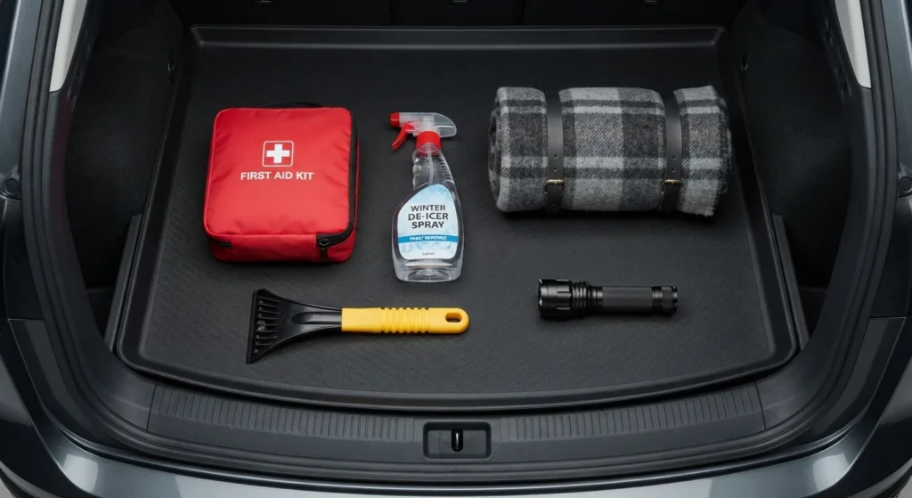 Flat-lay image of a winter car emergency kit including a torch, blanket, ice scraper, and de-icer in a car boot.