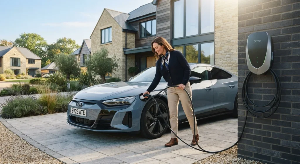 An Audi e-tron GT plugged into a home wallbox charger on a contemporary UK driveway.
