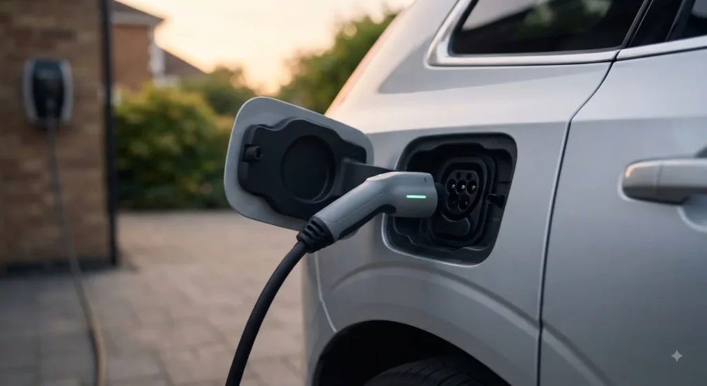 Plug-in hybrid SUV charging cable connected on a home driveway