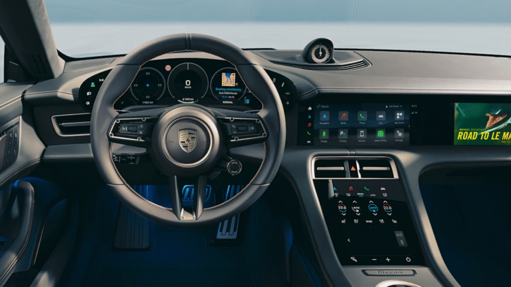 Porsche Taycan interior view highlighting comfort, design, and innovation