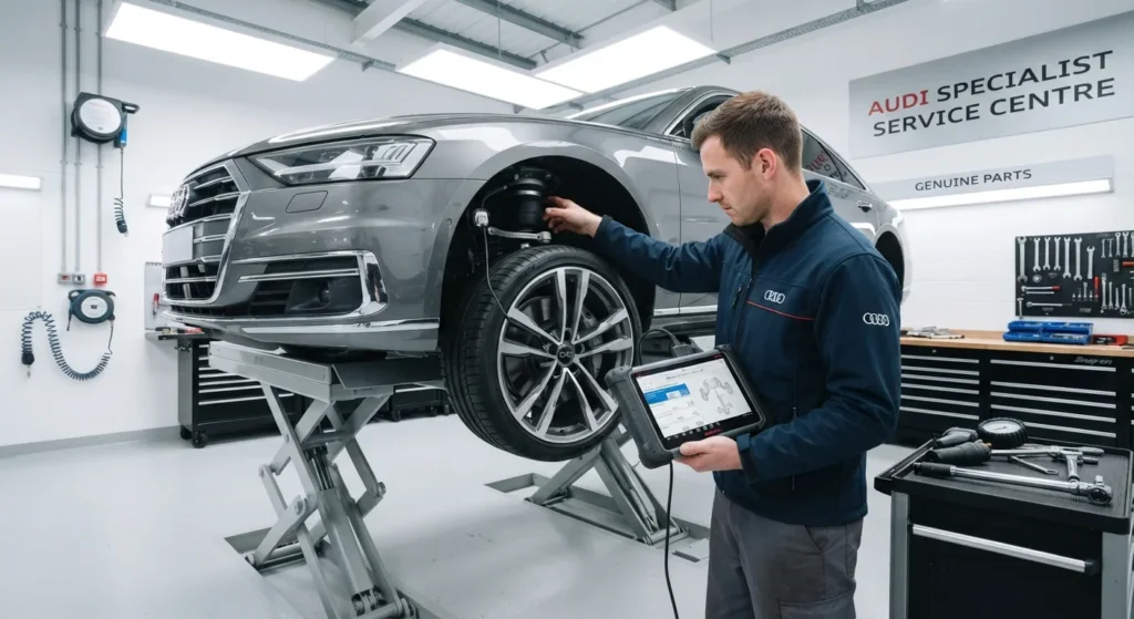 A mechanic inspecting the air suspension and wheel assembly of a luxury car in a professional workshop.