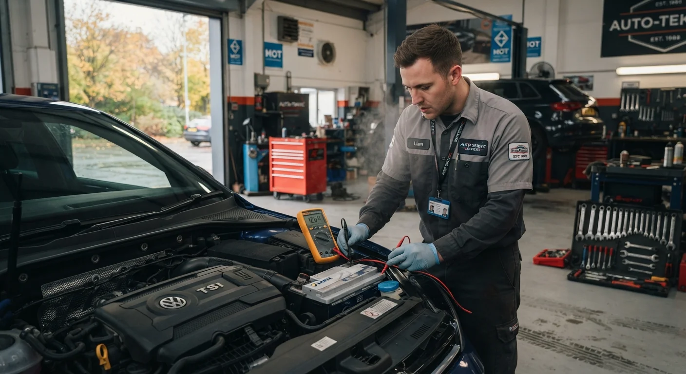A mechanic testing a car battery with a multimeter in a UK garage during autumn preparation for winter.