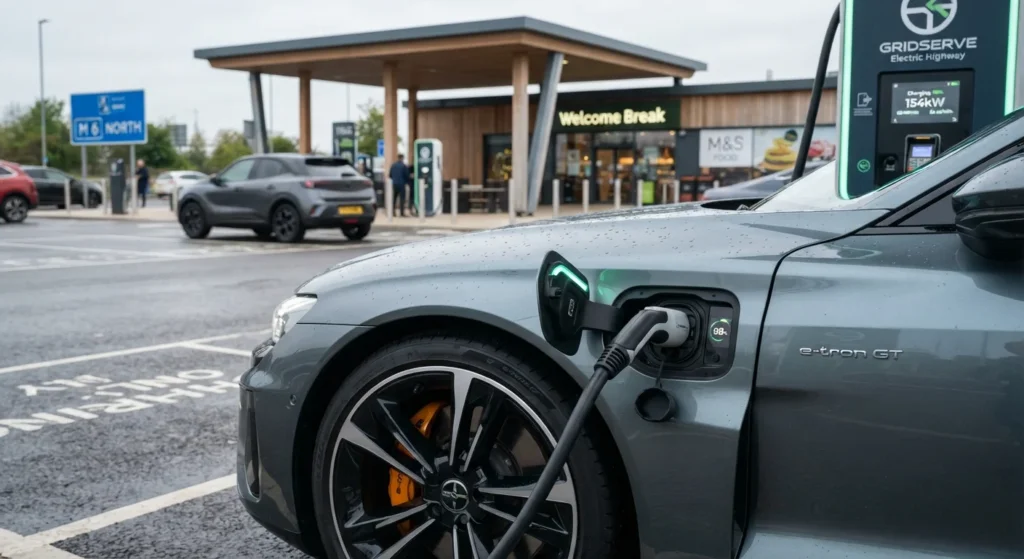 An Audi e-tron GT plugged into a high-power DC rapid charging station at a UK charging hub.