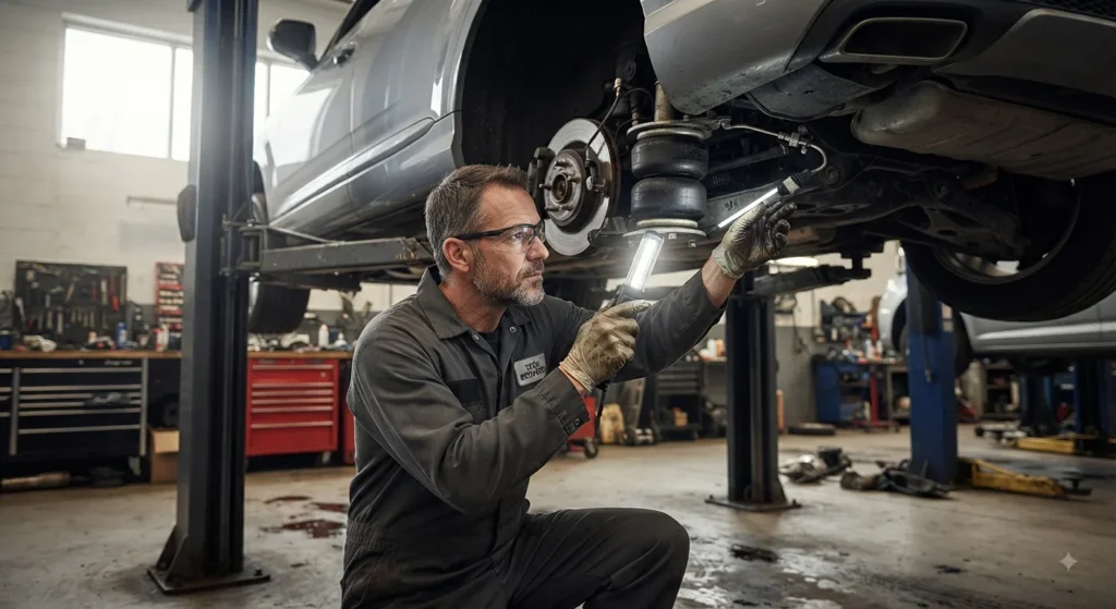 Mechanic inspecting car suspension components during routine maintenance
