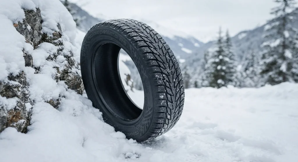 A close-up of a specialized winter tyre showing deep tread patterns for driving on snow and ice.