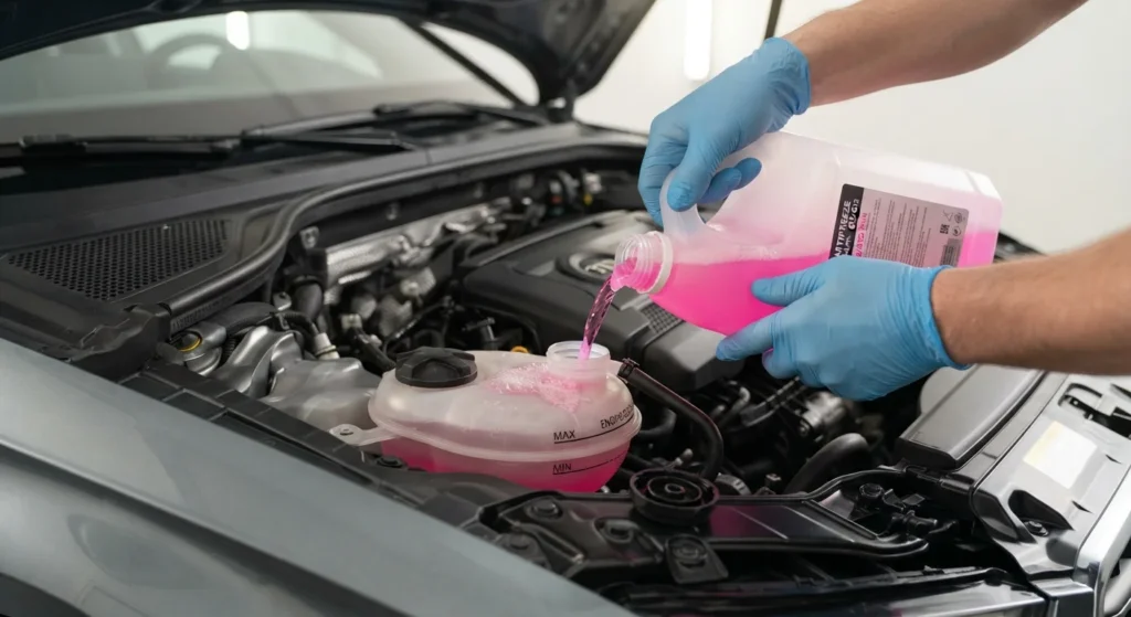 Winter Car Maintenance Hands pouring antifreeze coolant into a car engine reservoir to prevent freezing in winter.