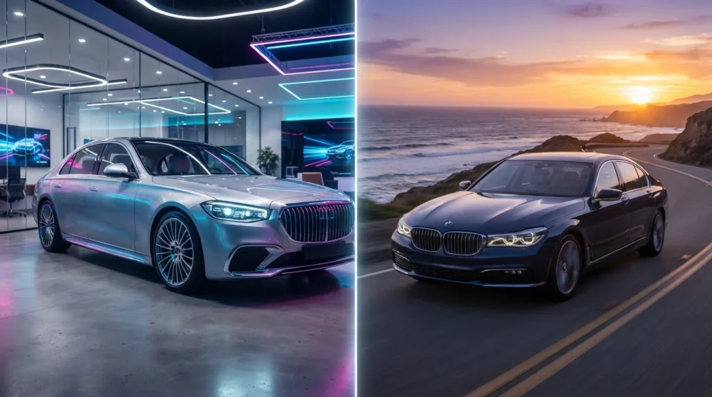 A split-screen comparison photo showing a sleek new luxury car in a modern neonlit showroom on the left, and a well-maintained pre-owned car driving along a scenic sunset coastal road on the right.
