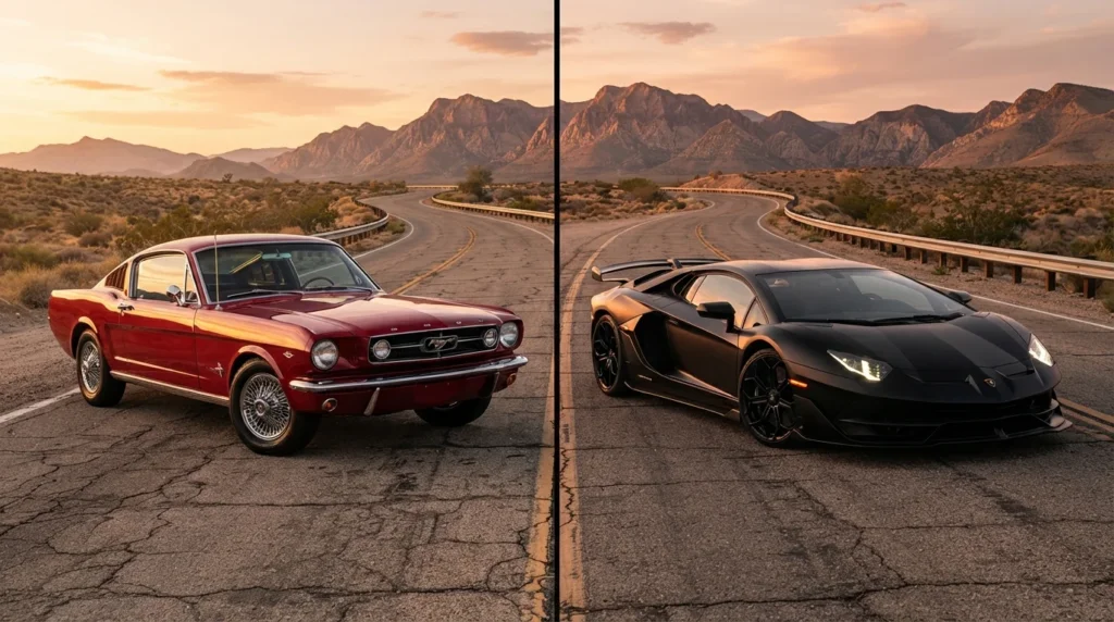 Used Cars Vs New A side-by-side split-screen automotive photography comparison featuring a gleaming red 1960s vintage classic muscle car on a desert highway next to a matte-black modern supercar at sunset.