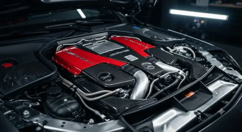 Hand-built AMG performance engine under car bonnet