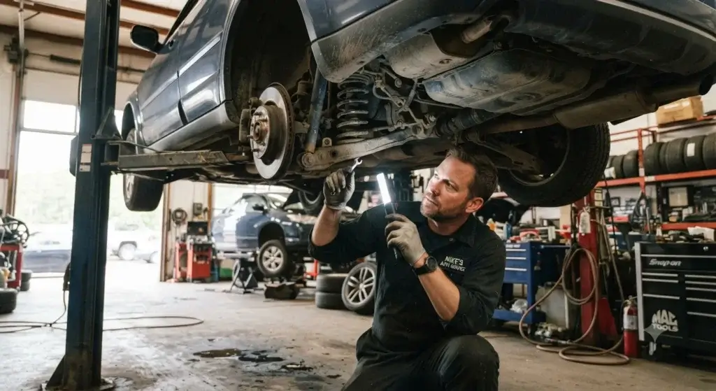 	Mechanic inspecting Mercedes AMG suspension and engine