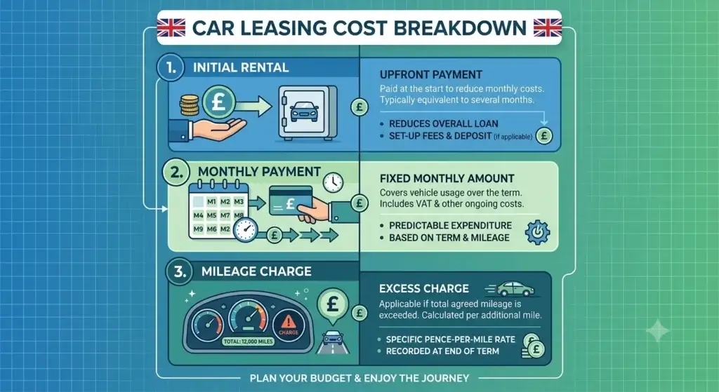 Breakdown of car leasing costs in the UK including monthly payments and initial rental