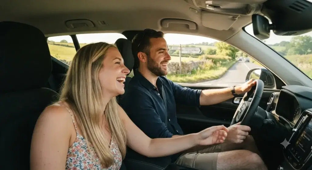 Couple driving their newly leased car in the UK