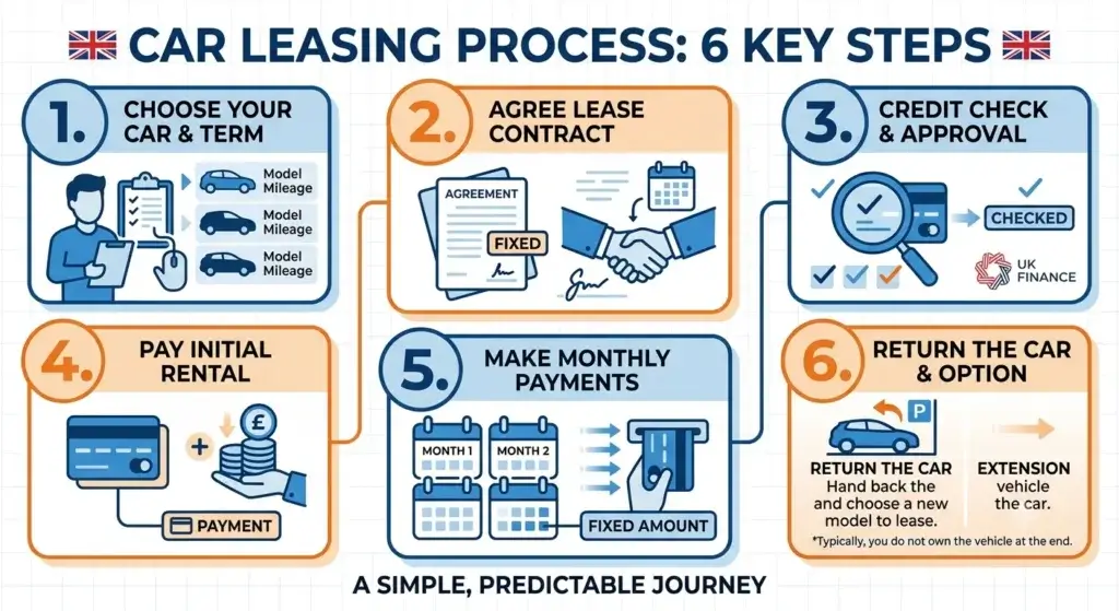 Infographic showing how car leasing works step by step in the UK