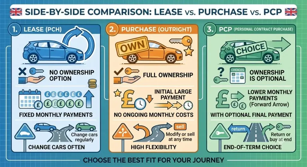 Comparison of leasing, buying, and PCP car finance options