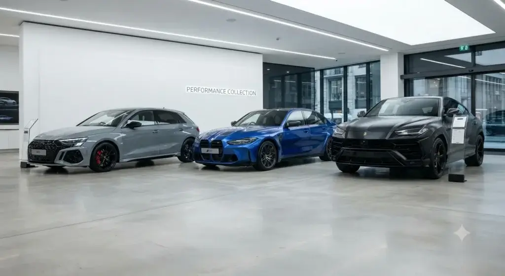 Lineup of different Mercedes AMG model types