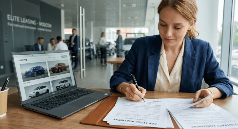 Woman signing a car lease agreement contract with a laptop showing car options nearby