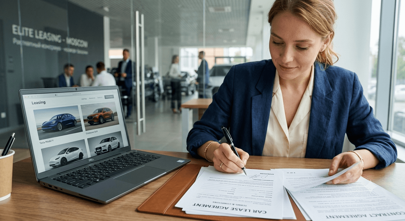 Woman signing a car lease agreement contract with a laptop showing car options nearby