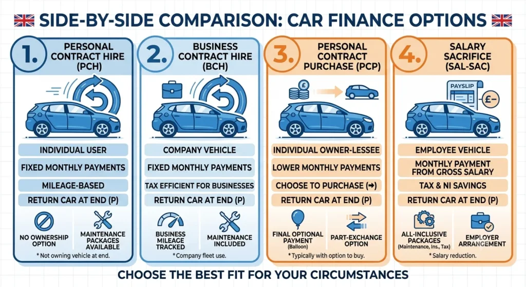 Comparison of PCH, BCH, PCP and salary sacrifice car leasing types