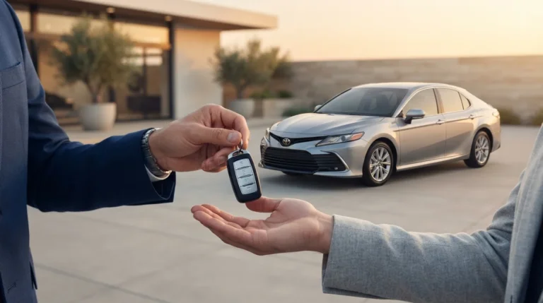 A professional commercial shot of a person handing over car keys in the foreground, with a clean pre-owned sedan parked outside during golden hour, symbolizing a smart car buying decision.